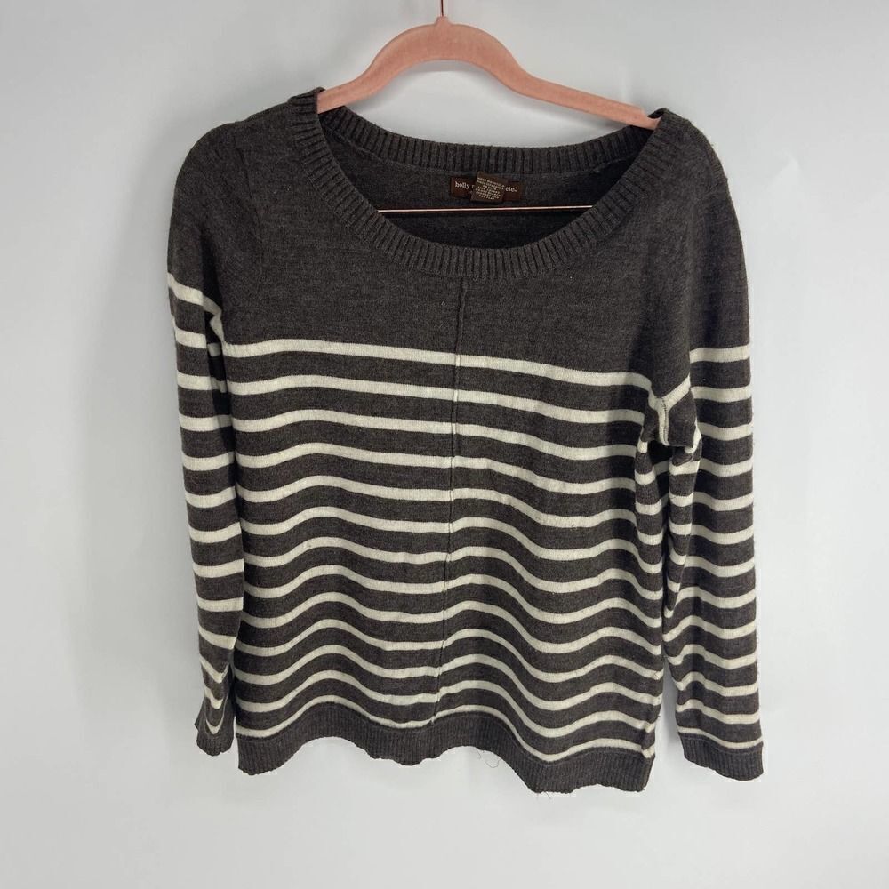 Holly Robinson Peete brown white stripe scoop neck knit wool sweater women s